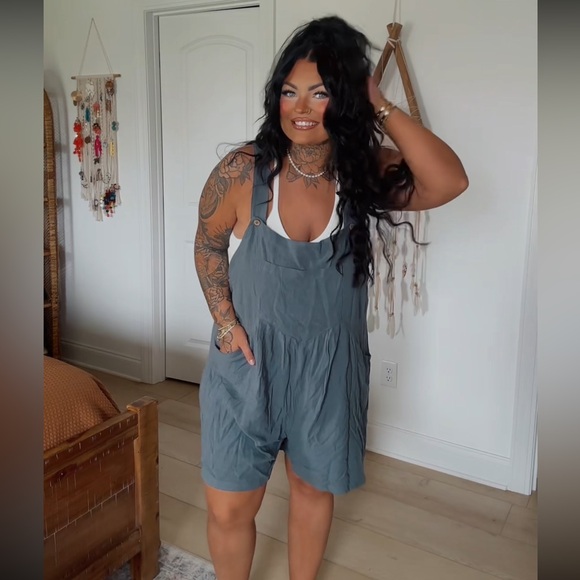 Women's Blue Linen Overalls - Picture 1 of 2